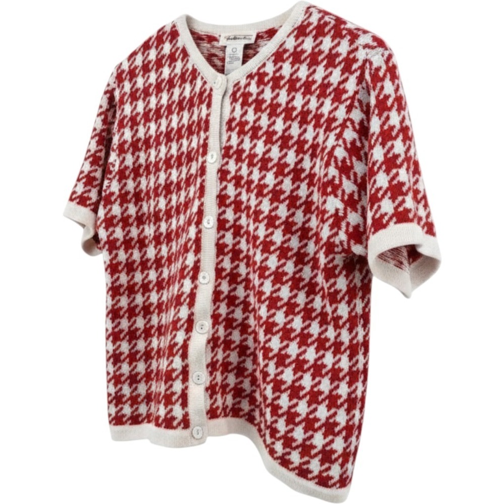 VTG 90s Houndstooth Red White Preppy Short Sleeve Cardigan Sweater Talbots Large